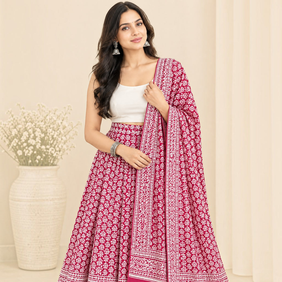 Red Handblock Cotton Wrap Around Skirt