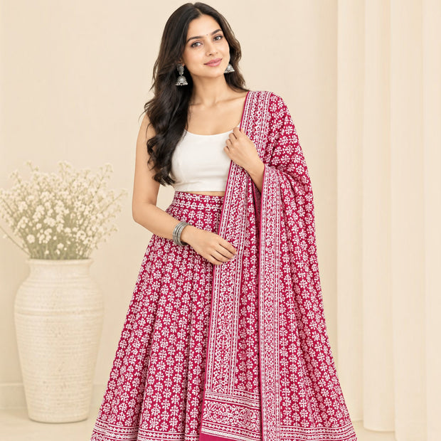 Red Handblock Cotton Wrap Around Skirt