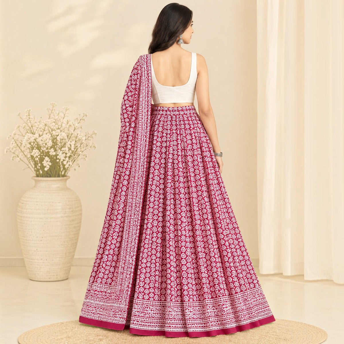 Red Handblock Cotton Wrap Around Skirt