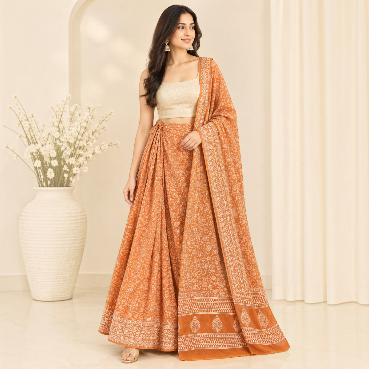 Orange Handblock Print Cotton Wrap Around Skirt