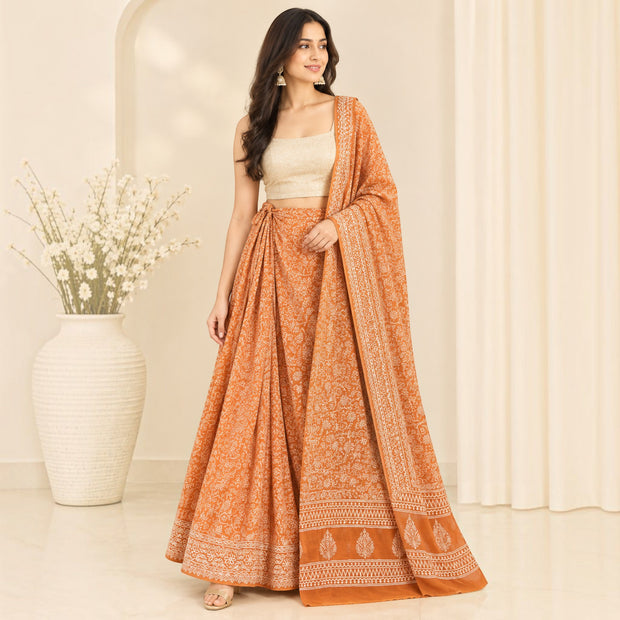Orange Handblock Print Cotton Wrap Around Skirt