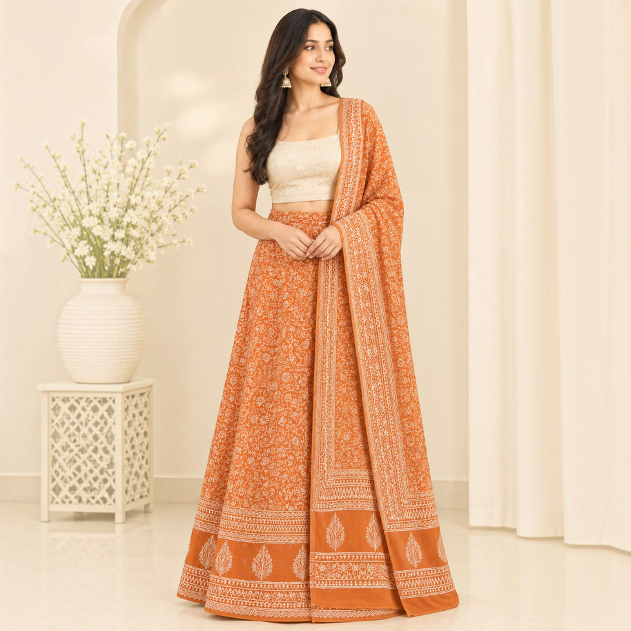 Orange Handblock Print Cotton Wrap Around Skirt