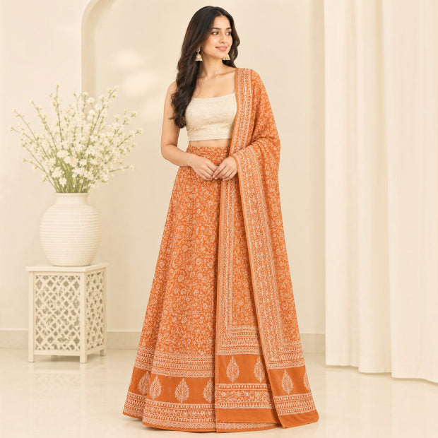 Orange Handblock Print Cotton Wrap Around Skirt