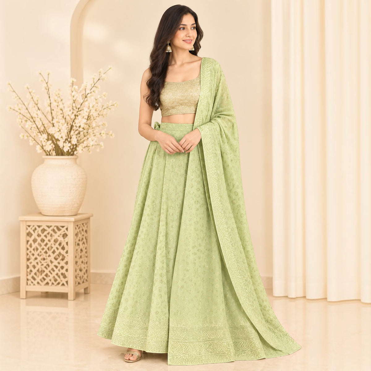 Light Green Handblock Cotton Wrap Around Skirt