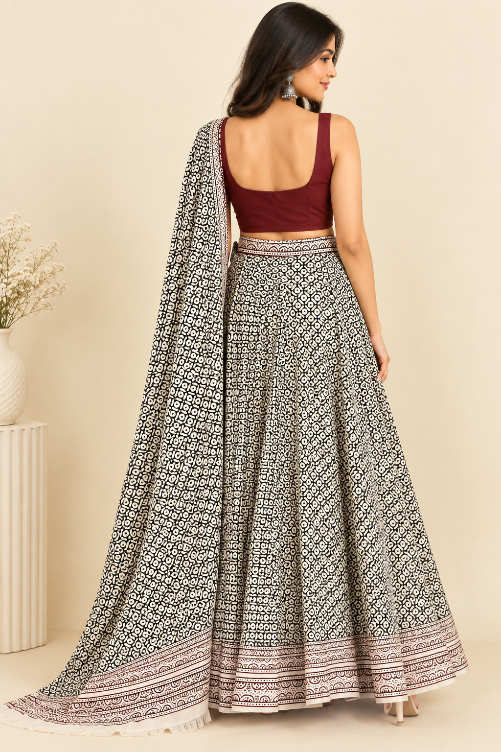 Offwhite Black Check Handblock Cotton Wrap Around Skirt