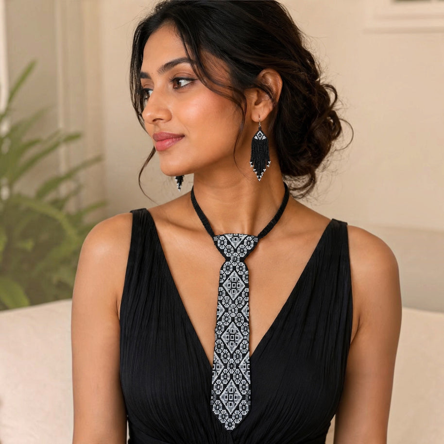Black White Beaded Tie Necklace Set