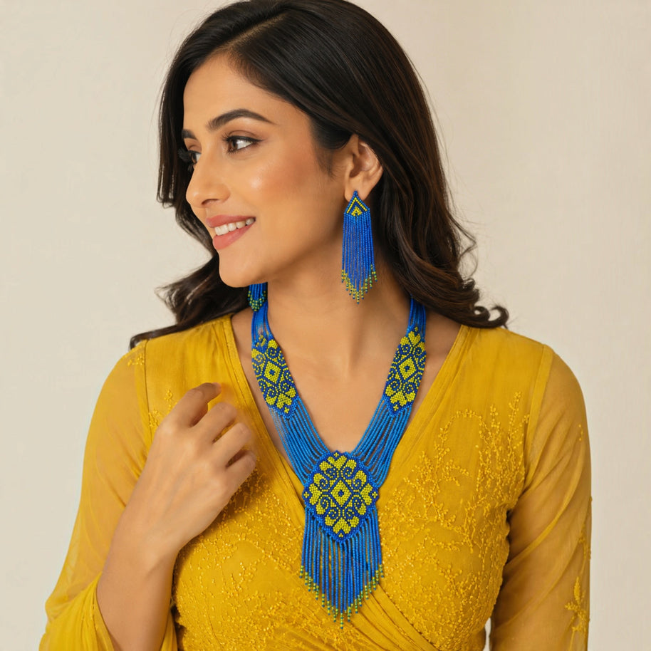Blue & Yellow Beaded Necklace Set