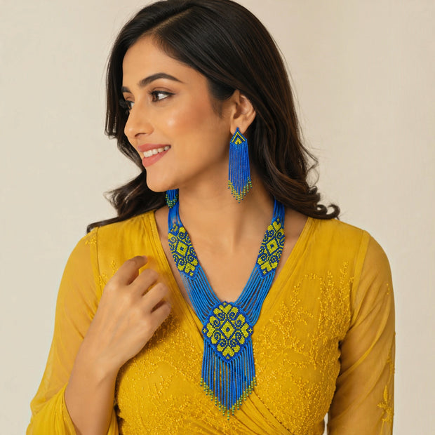 Blue & Yellow Beaded Necklace Set