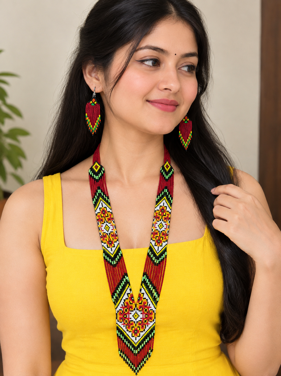 Red Multicolor Beaded Necklace Set