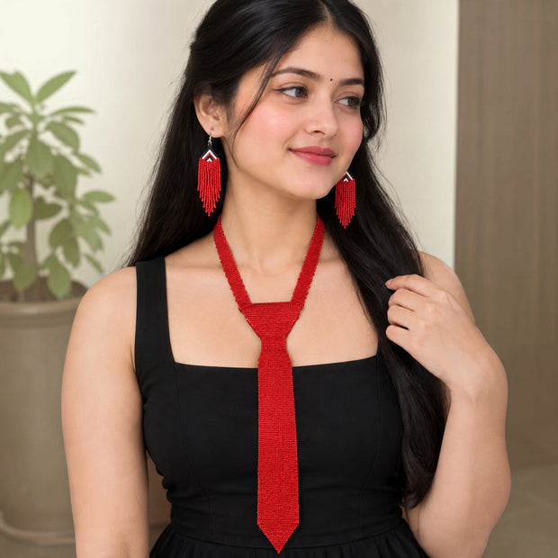 Red Beaded Tie Necklace Set