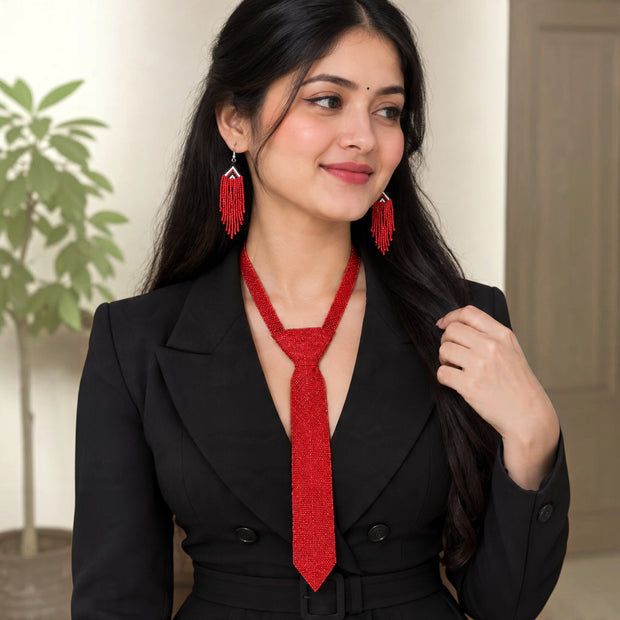 Red Beaded Tie Necklace Set