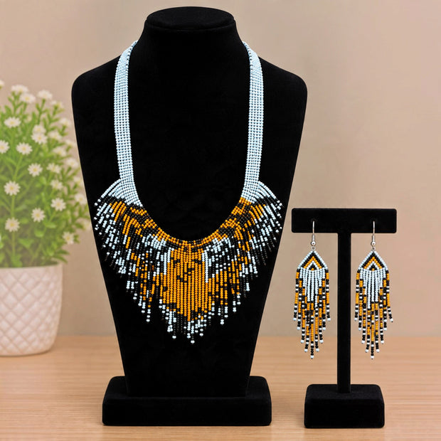 White Orange Beaded Necklace Set