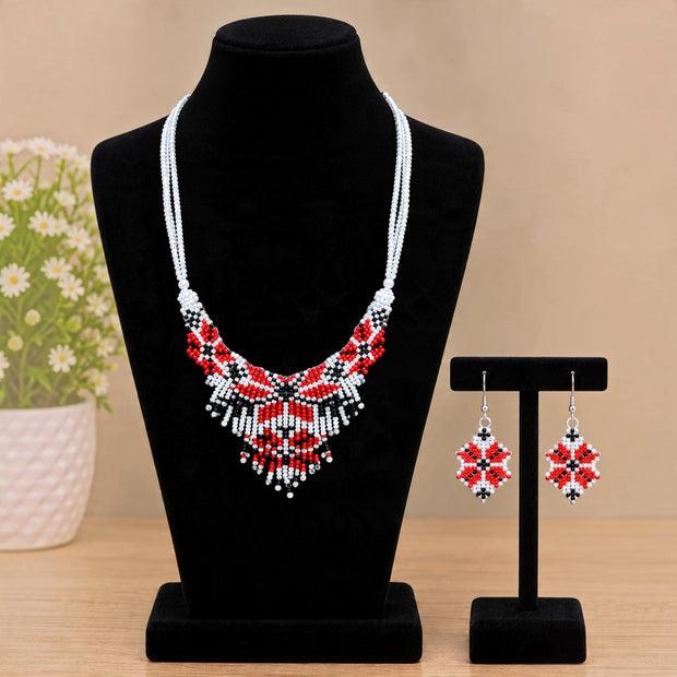 Red White Beaded Necklace Set