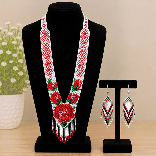 White Red Floral Beaded Necklace Set