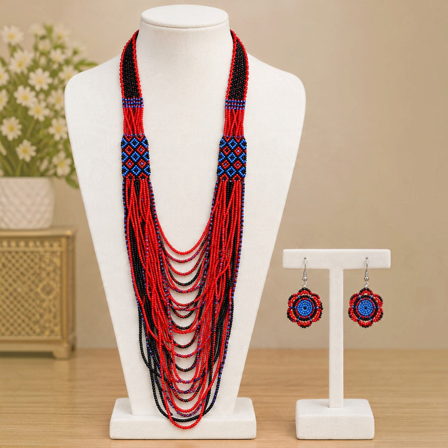 Red Blue Beaded Cascade Necklace