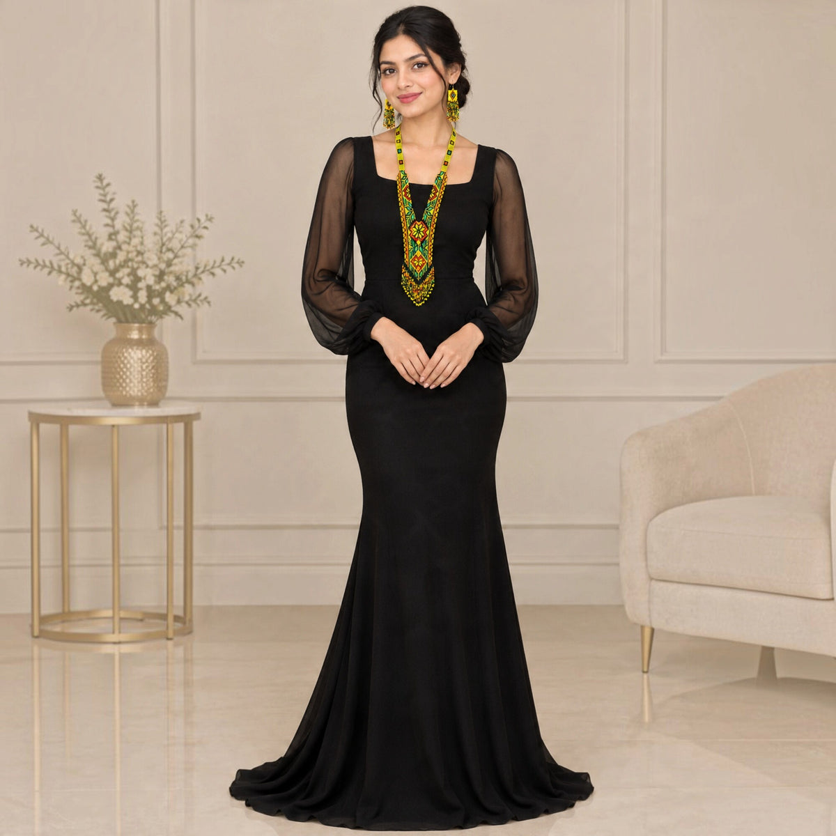 Yellow Multicolor Beaded Necklace Set