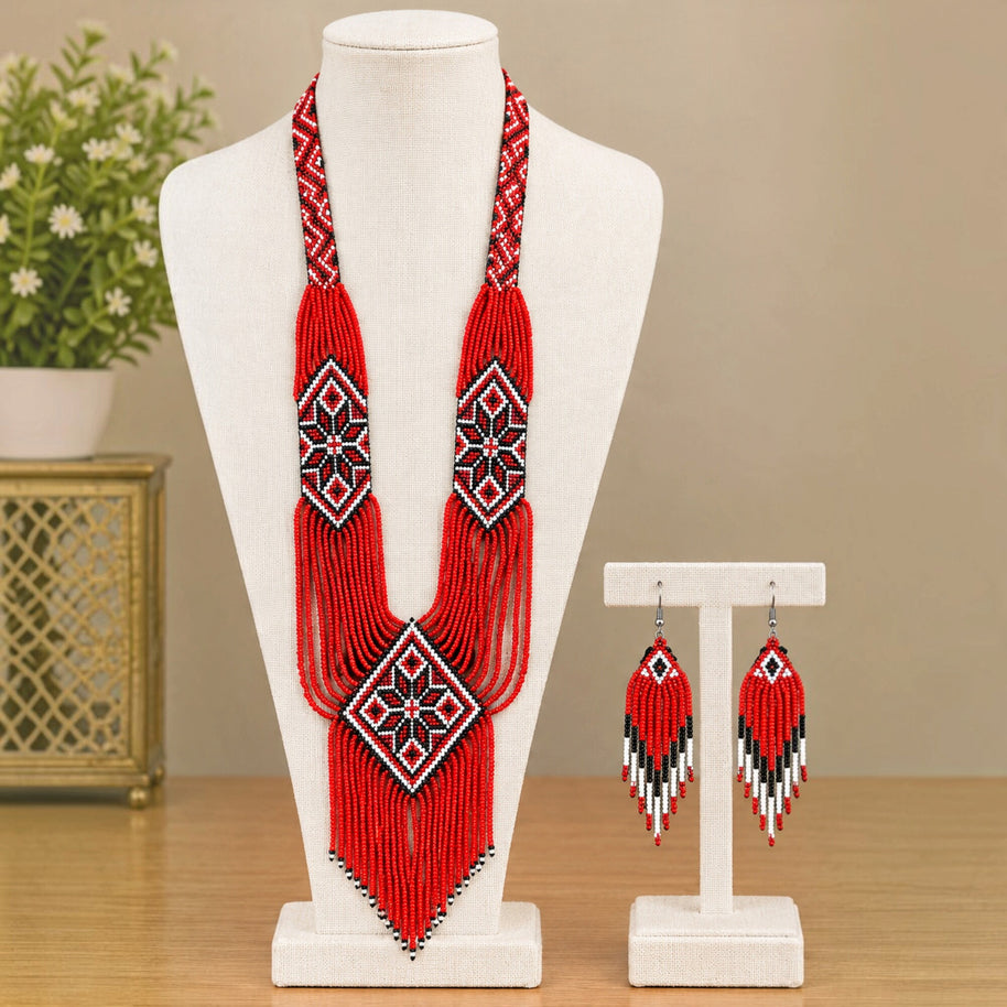 Red & Black Beaded Necklace Set