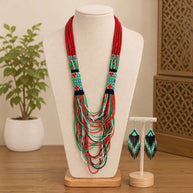 Red Beaded Layered Necklace Set