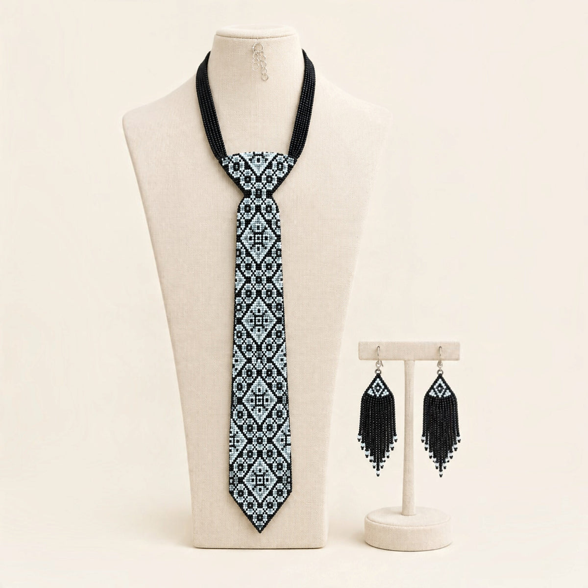 Black White Beaded Tie Necklace Set