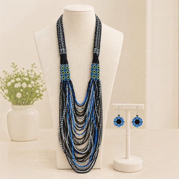 Black Blue Beaded Cascade Necklace