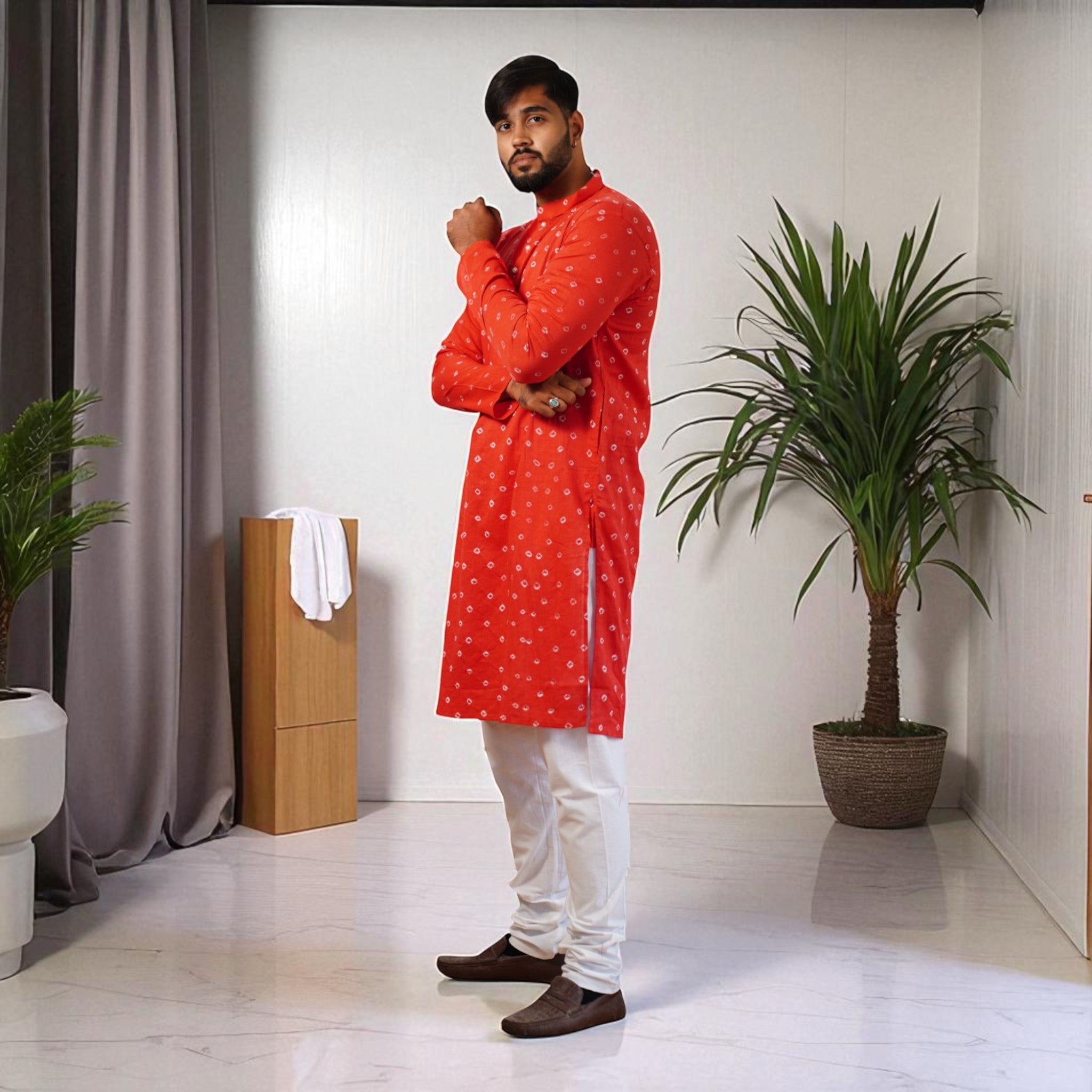 Red Bandhani Cotton Kurta