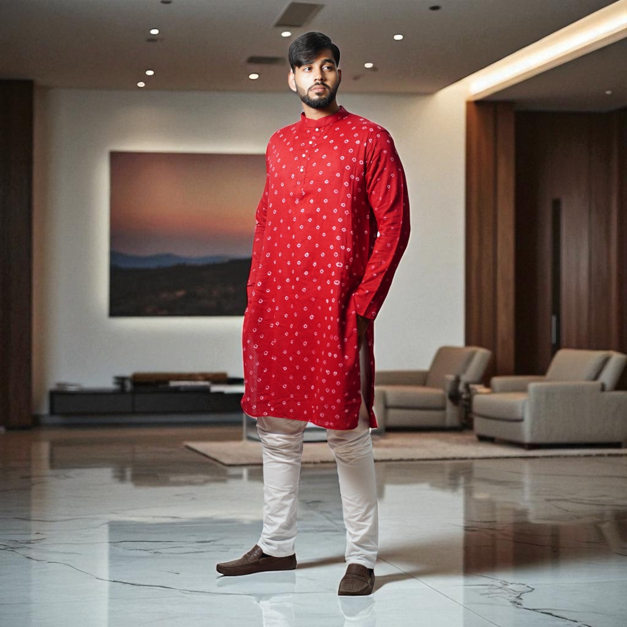 Maroon Bandhani Cotton Kurta