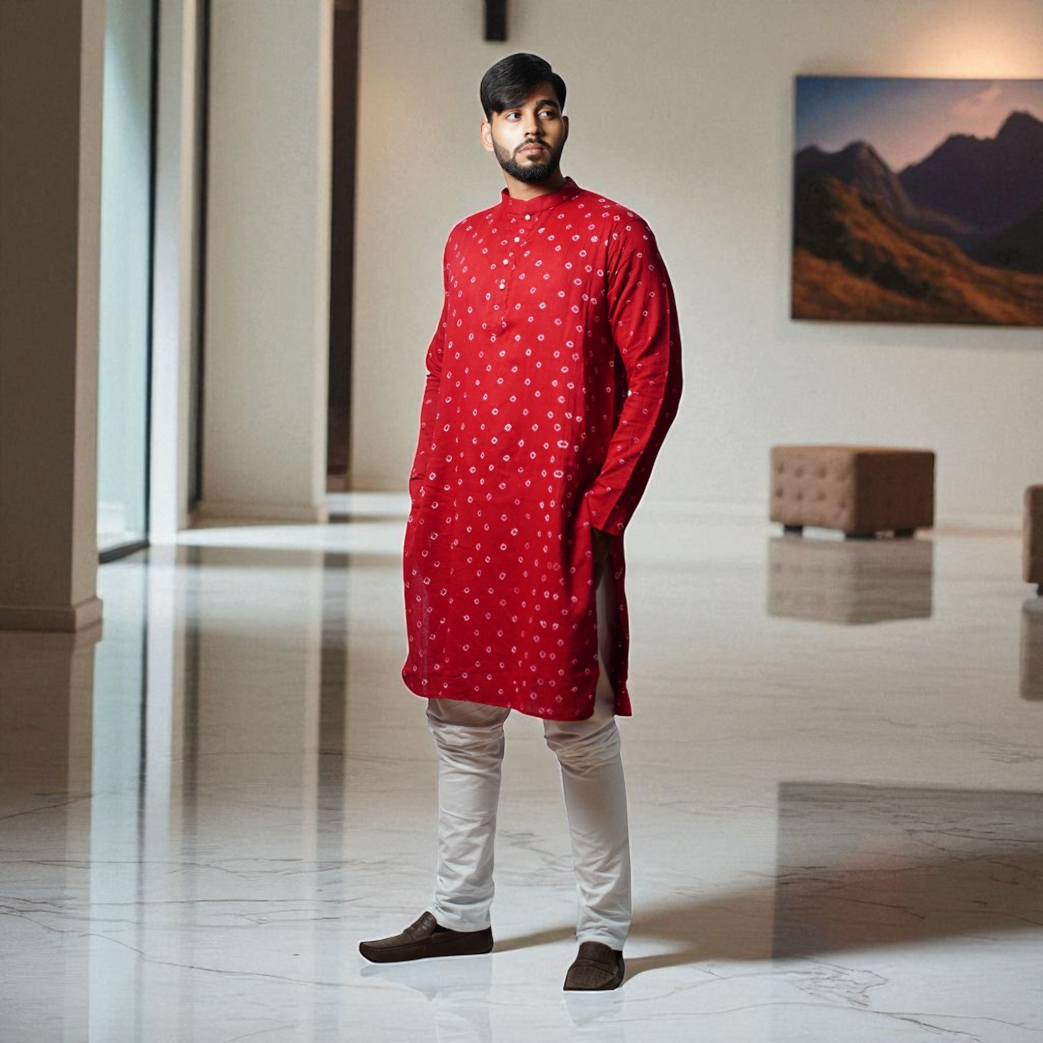 Maroon Bandhani Cotton Kurta