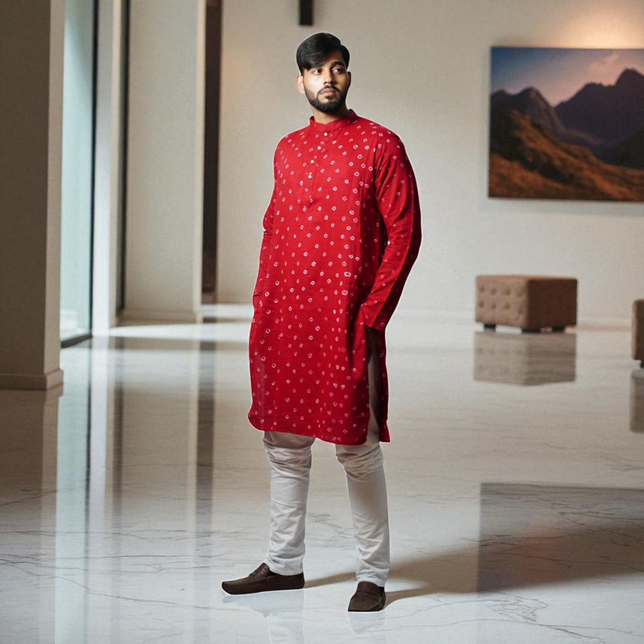 Maroon Bandhani Cotton Kurta