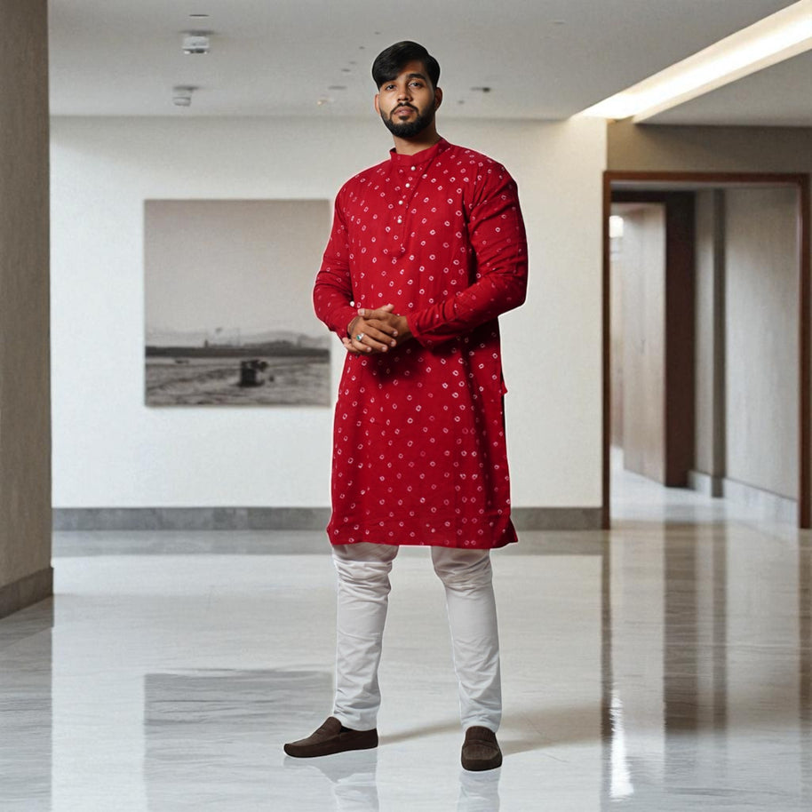 Maroon Bandhani Cotton Kurta