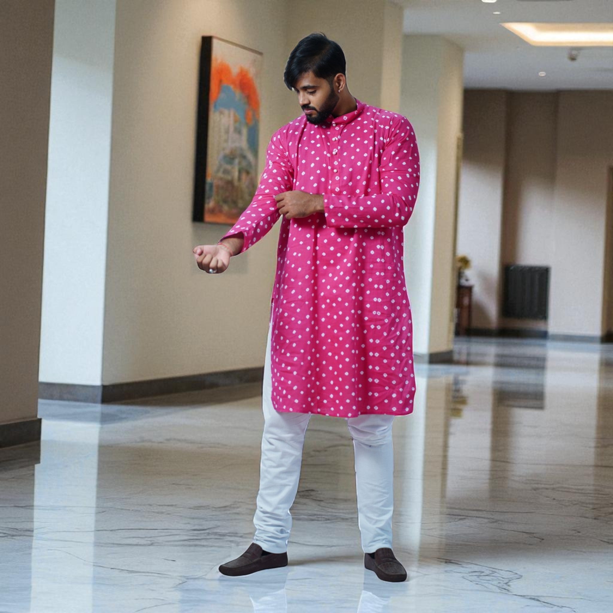 Pink Bandhani Cotton Kurta
