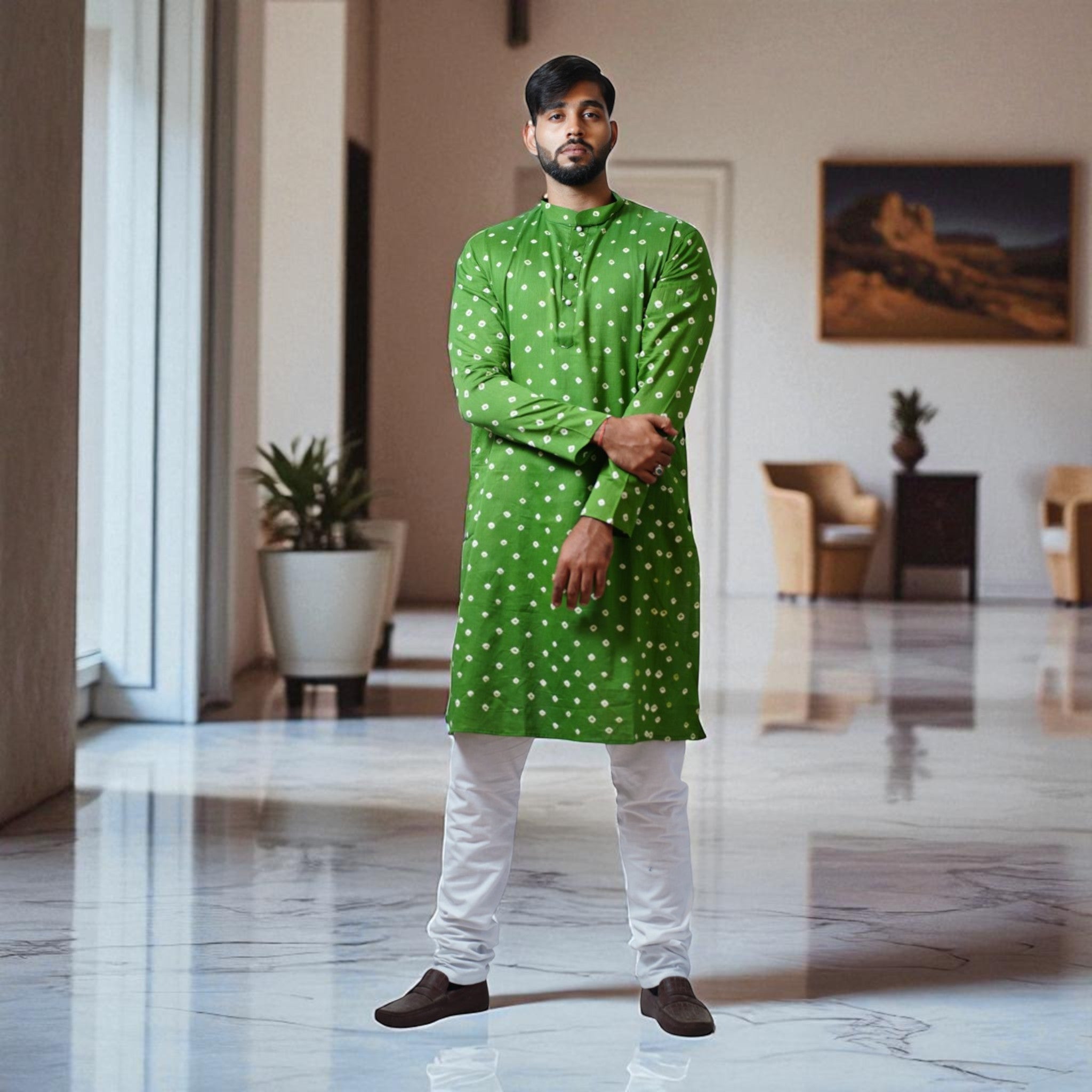 Dark Green Bandhani Cotton Kurta