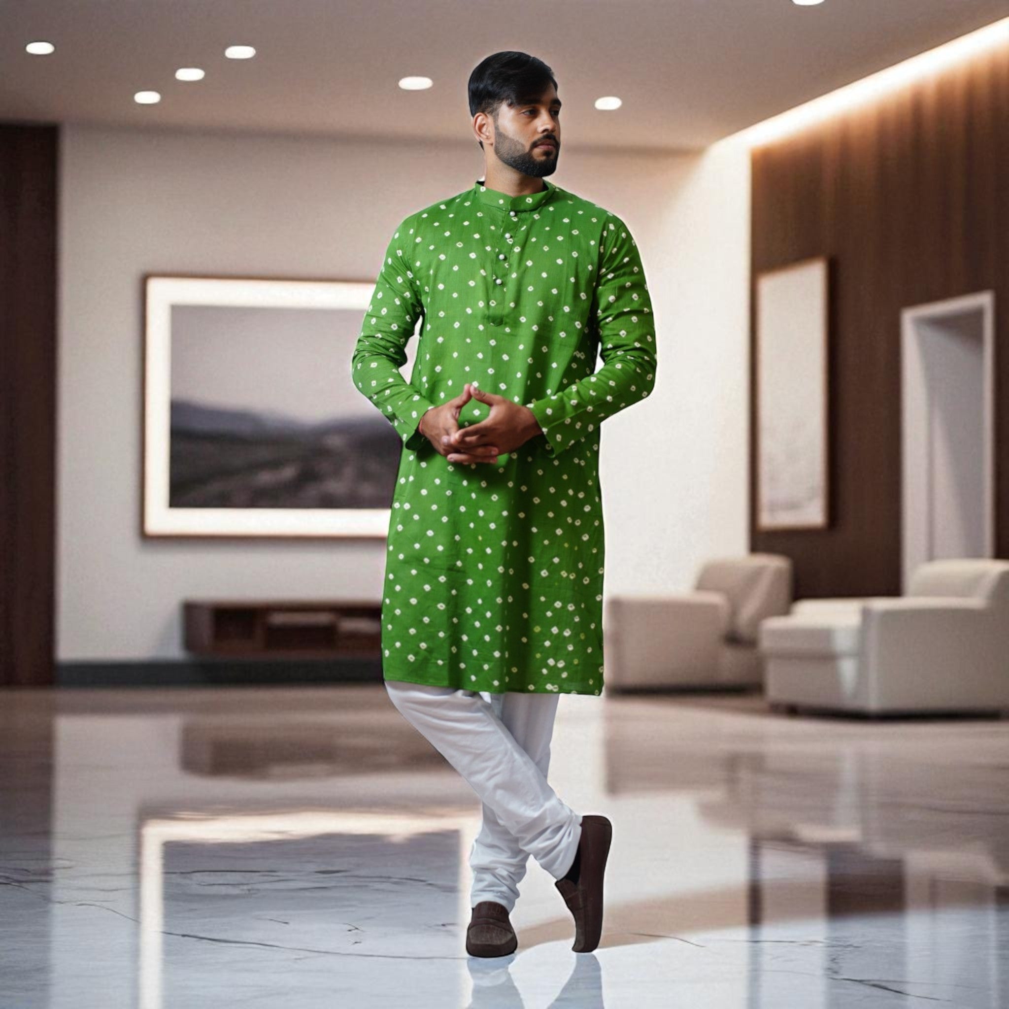 Dark Green Bandhani Cotton Kurta