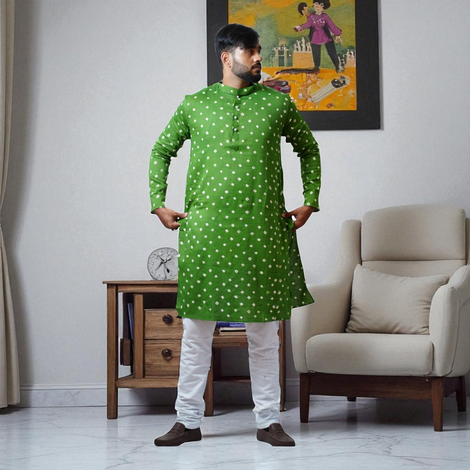 Dark Green Bandhani Cotton Kurta