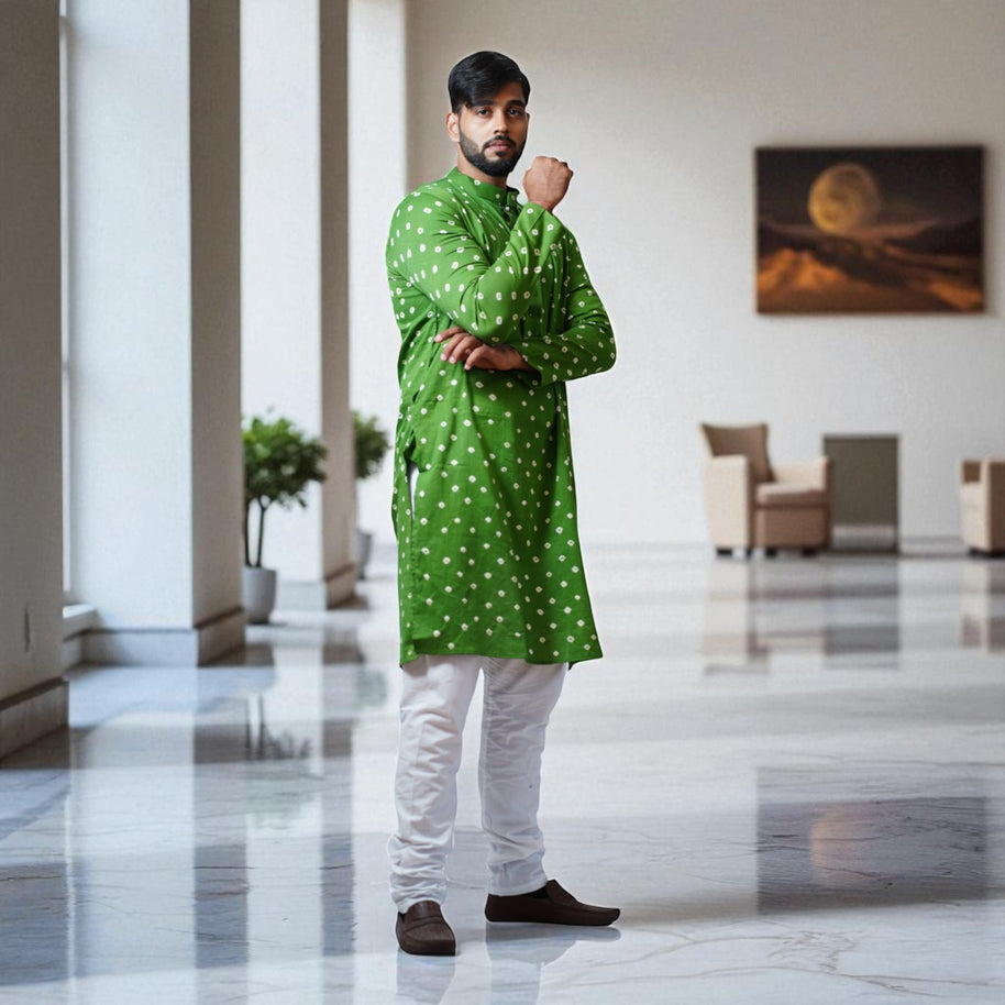 Dark Green Bandhani Cotton Kurta