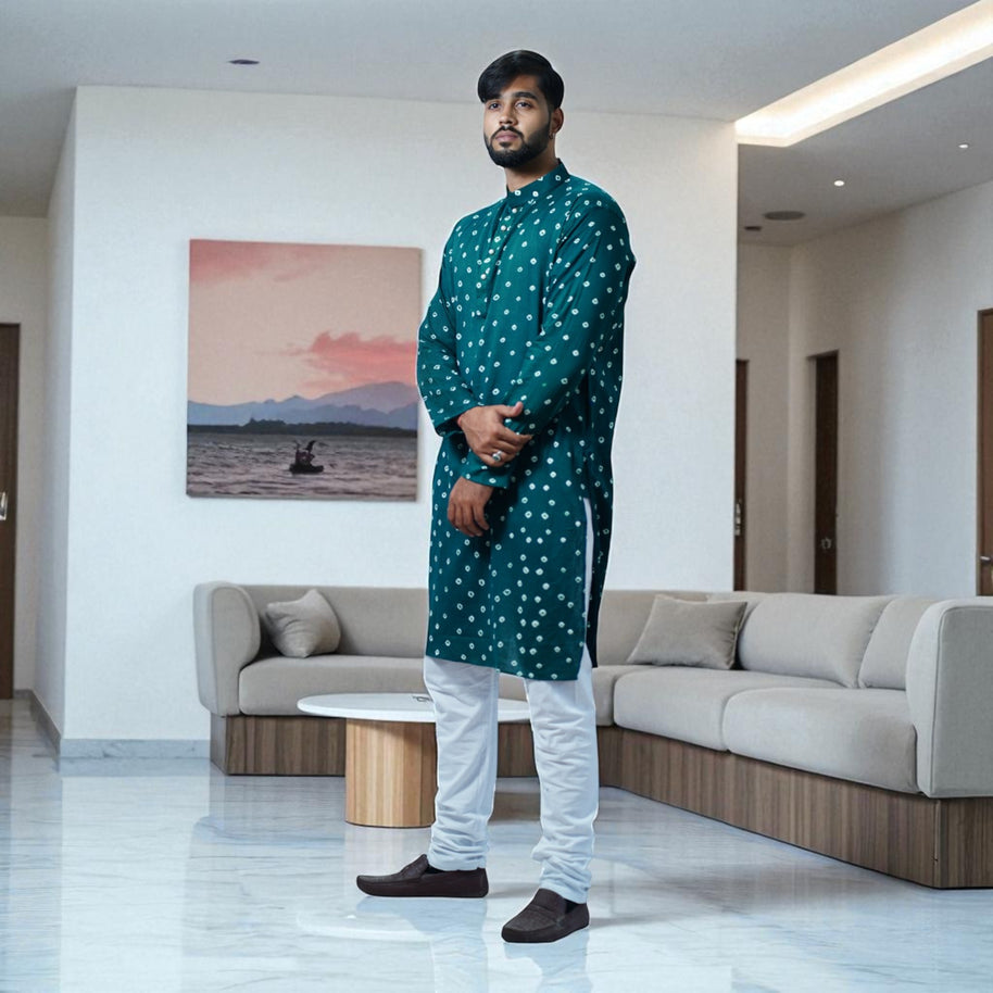 Bottle Green Bandhani Cotton Kurta