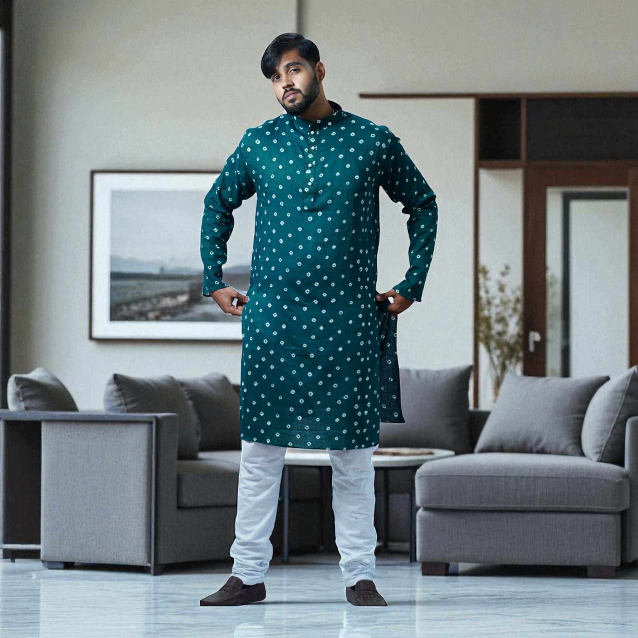Bottle Green Bandhani Cotton Kurta