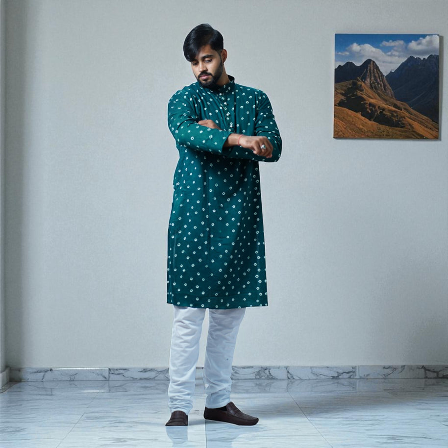 Bottle Green Bandhani Cotton Kurta