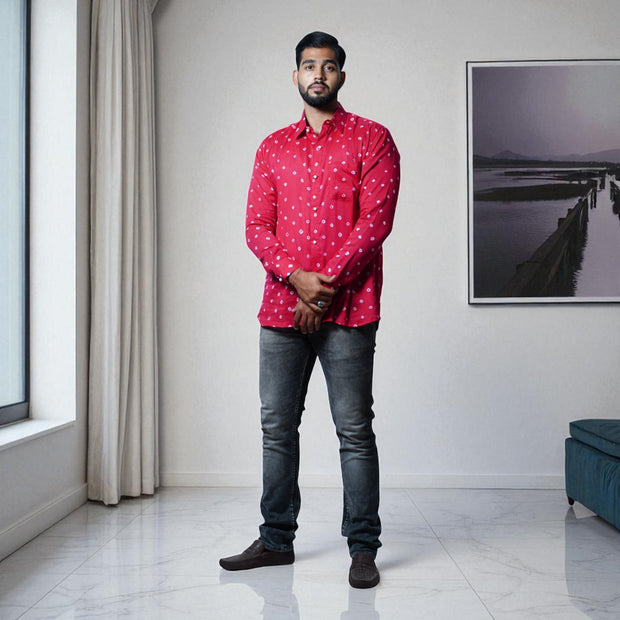 Rani Pink Hand Bandhej-Bandhini Cotton Mens Shirt