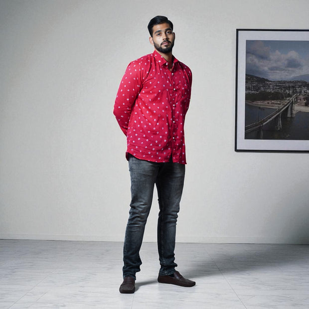 Rani Pink Hand Bandhej-Bandhini Cotton Mens Shirt