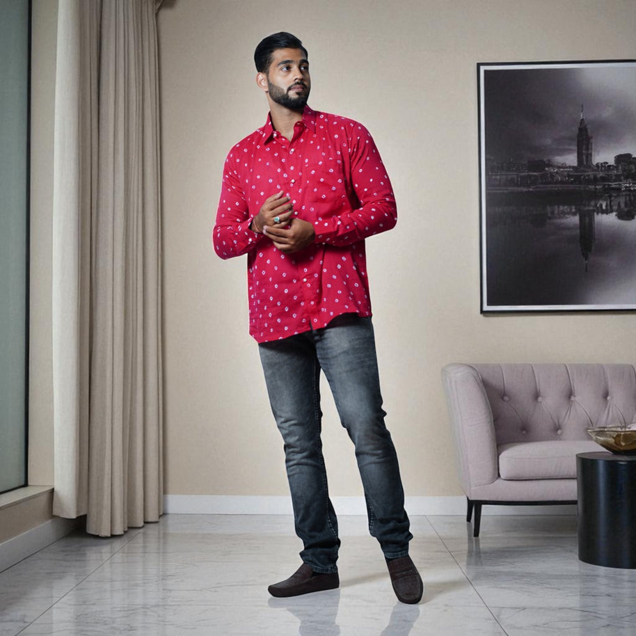Rani Pink Hand Bandhej-Bandhini Cotton Mens Shirt
