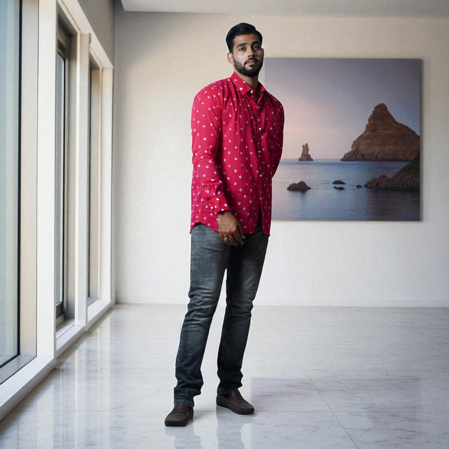 Rani Pink Hand Bandhej-Bandhini Cotton Mens Shirt