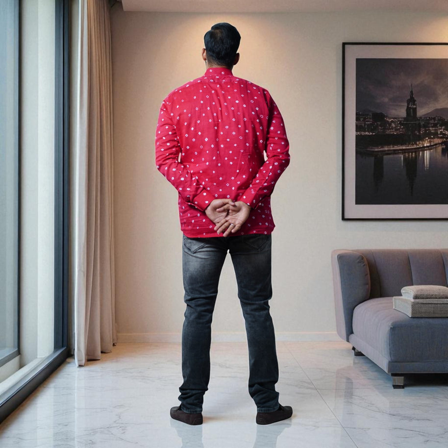 Rani Pink Hand Bandhej-Bandhini Cotton Mens Shirt