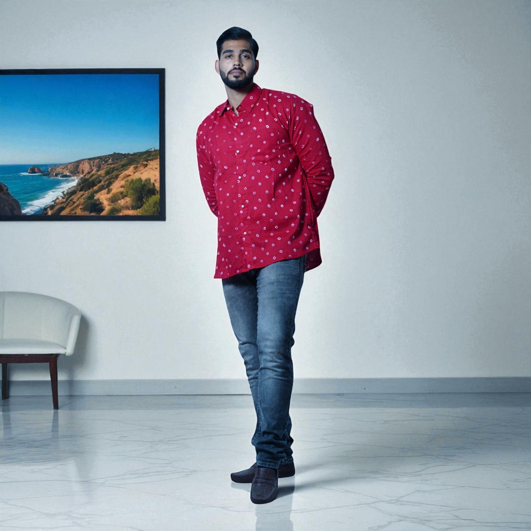 Dark Red Hand Bandhej-Bandhini Cotton Mens Shirt