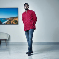 Dark Red Hand Bandhej-Bandhini Cotton Mens Shirt