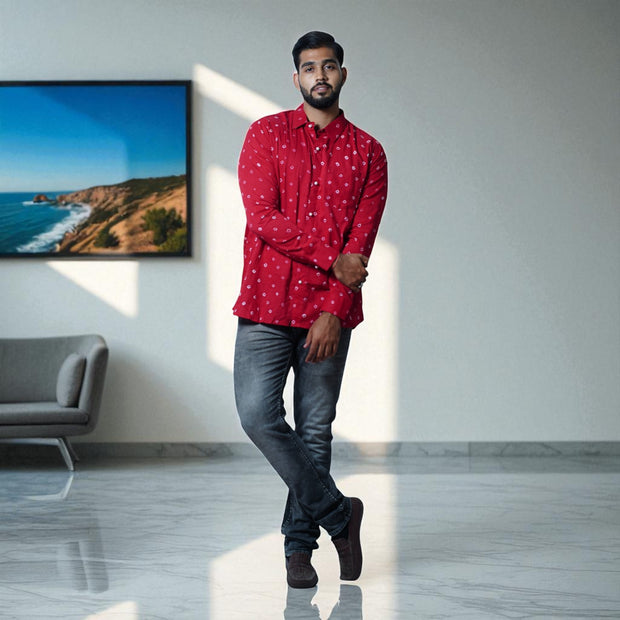 Dark Red Hand Bandhej-Bandhini Cotton Mens Shirt