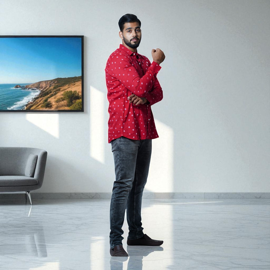 Dark Red Hand Bandhej-Bandhini Cotton Mens Shirt