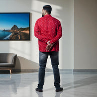 Dark Red Hand Bandhej-Bandhini Cotton Mens Shirt