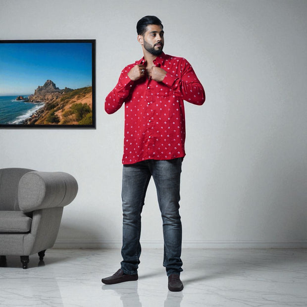 Dark Red Hand Bandhej-Bandhini Cotton Mens Shirt