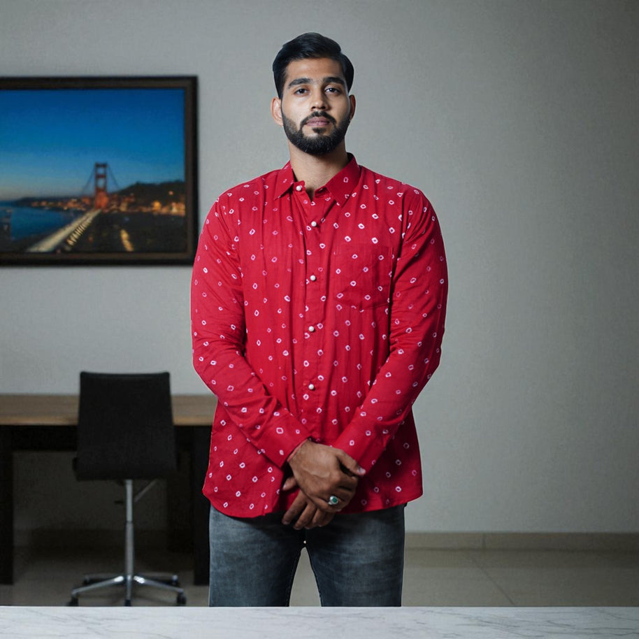 Dark Red Hand Bandhej-Bandhini Cotton Mens Shirt