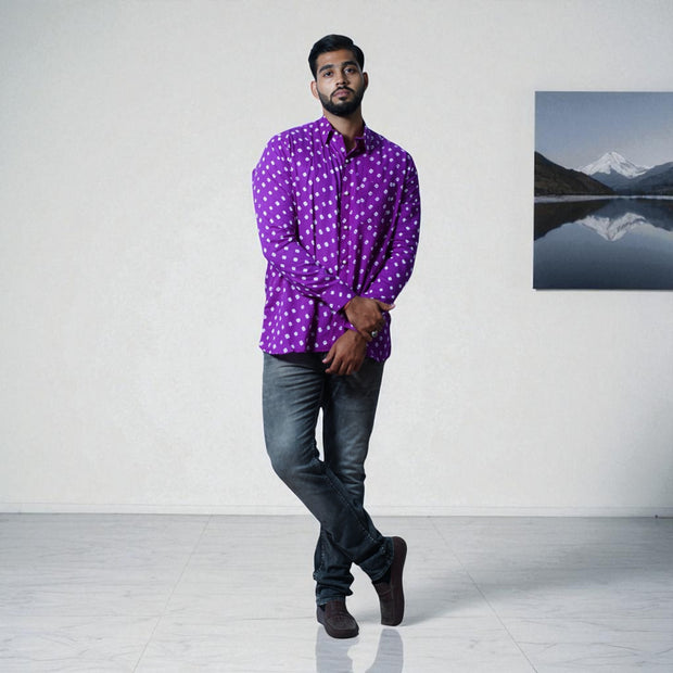 Plum Purple Hand Bandhej-Bandhini Cotton Mens Shirt